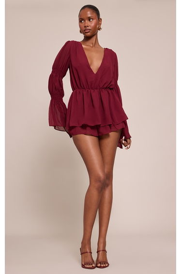 Burgandy Chiffon V Neck Long Ruched Sleeve Playsuit