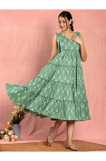 Green Cotton Floral Printed Tiered Midi Dress