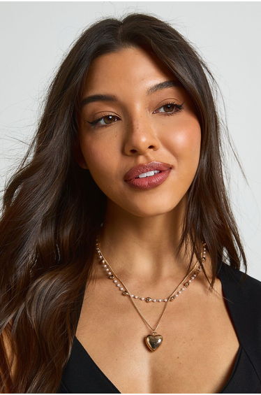 Heart Pendant & Pearl Layered Necklace - gold