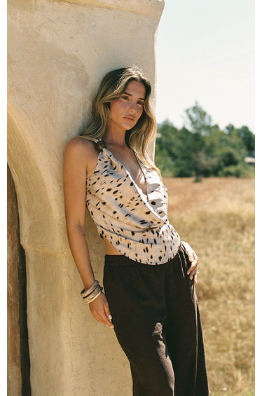 Beige Printed Satin Trim Detail Cowl Neck Top