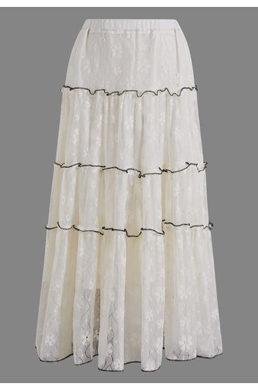 Floral Lace Contrast Ruffle Tiered Maxi Skirt in Cream for Beach Vacations & Bridal Showers