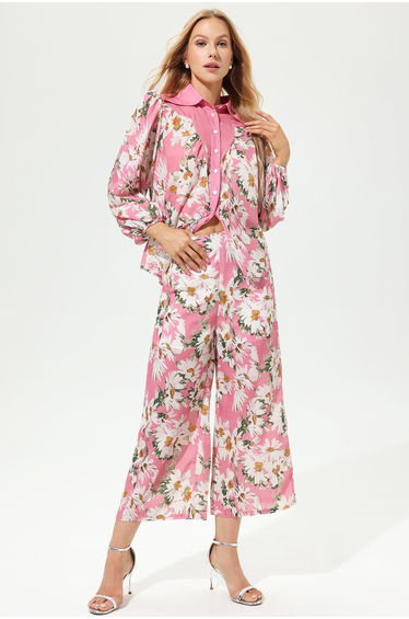 Léana Floral Lapel Wide Leg Pants Set