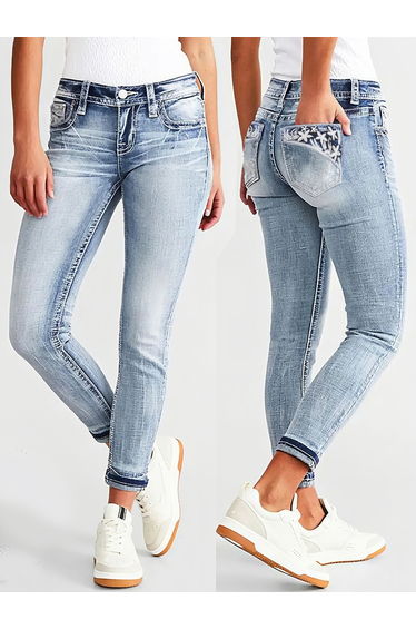 Slim Fit Faded Jeans with Floral Print Pocket