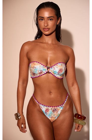 Blue Paisley Print Whip Stitch Thong Bikini Bottoms