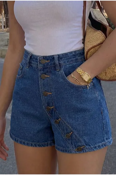 Denim Asymmetrical Button Shorts