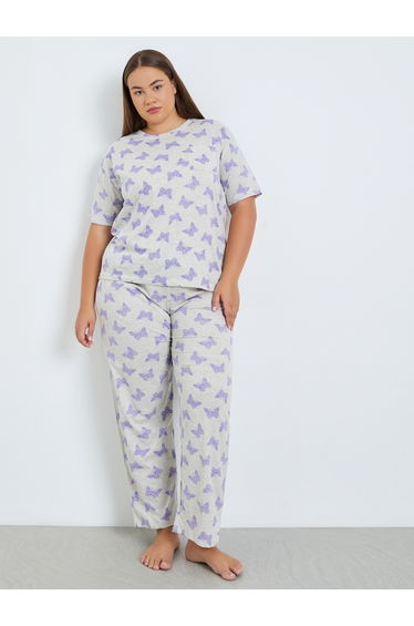 Plus Size Cream Printed T-Shirt and Pyjama Set