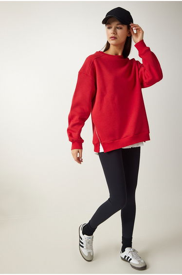 Women's Red Zipper Detailed Raised Knitted Sweatshirt