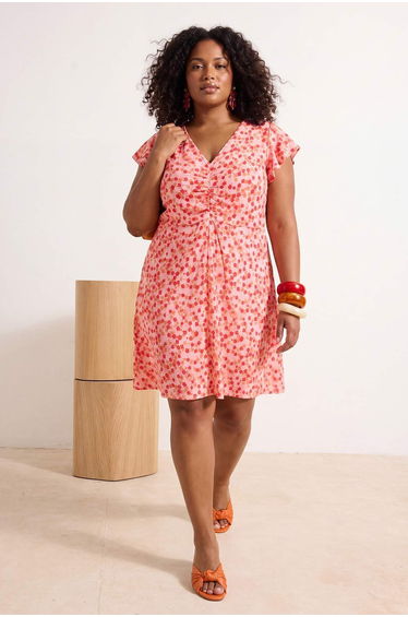 Pink Mini Floral Print A-Line V-Neck Knitted Plus Size Dress