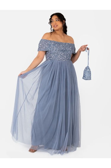 Maya Dusty Blue Bardot Embellished Maxi Dress