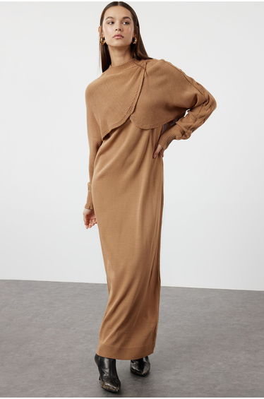 Brown Bolero Detailed Knitwear Cardigan-Dress Top-Top Set