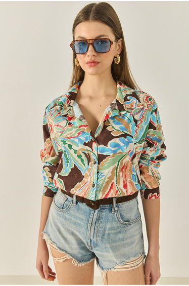 Women's V-Neck Long Sleeve Patterned Poplin Shirt