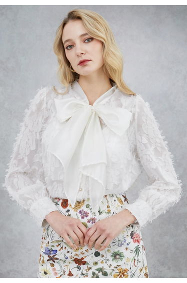 Fringed Jacquard Floral Organza Bowknot Sheer Shirt