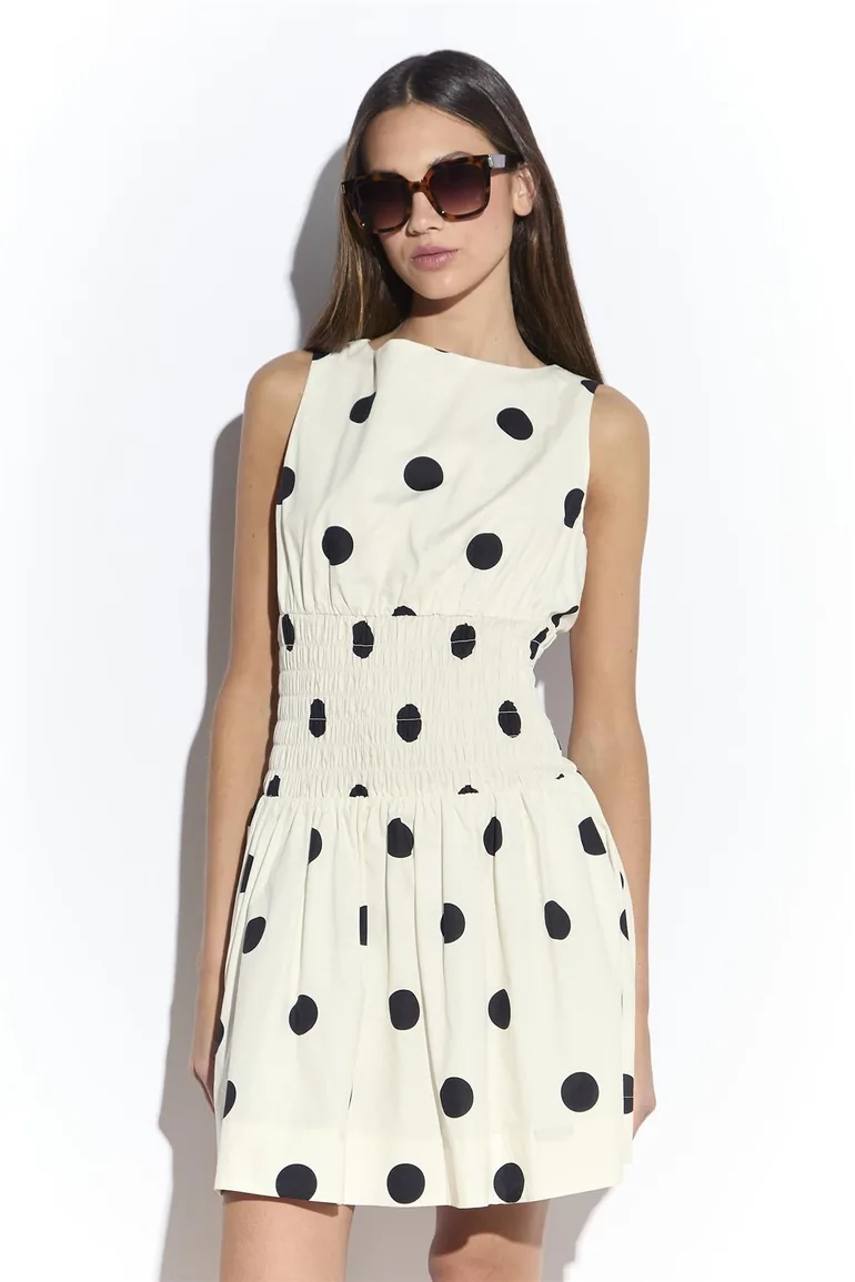 Cream Spot Smocked Waist Mini Dress - 1