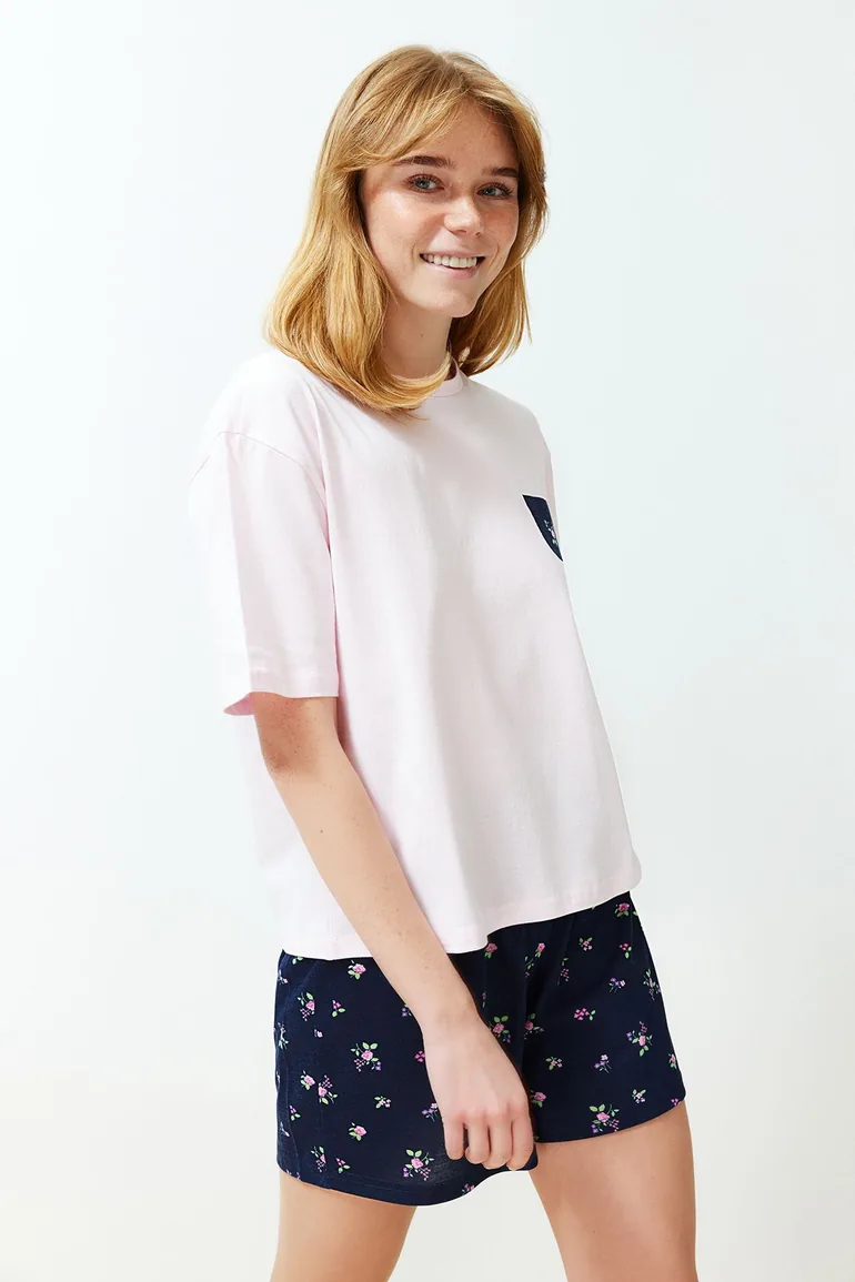 Pink Multicolor Floral Knitted Pajamas Set - 1