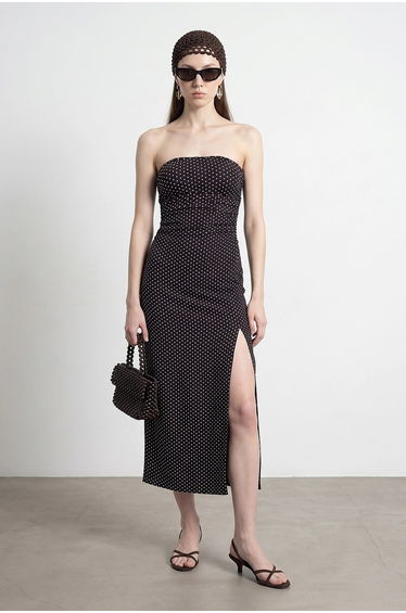 DILVIN Strapless Polka Dot Bodycon Midi Dress