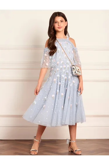 Needle & Thread Girls Dandelion Ditsy Off Shoulder Dress in Blue