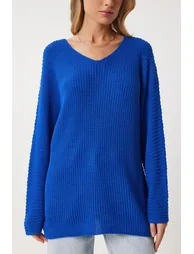 Women's Blue V-Neck Thessaloniki Knit Oversized Knitwear Sweater - 5