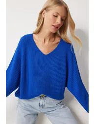 Women's Blue V-Neck Thessaloniki Knit Oversized Knitwear Sweater - 2