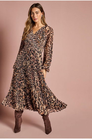 Long Sleeve Chiffon Pleated Wrap Midi Dress