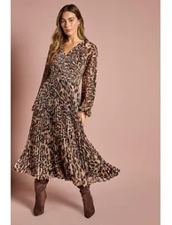 فستان ميدي شيفون بتصميم لف بكسرات بأكمام طويلة