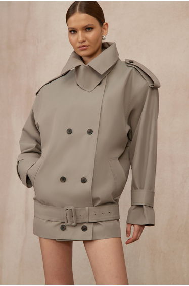 Mavis Grey Double-Breasted Belted Trench Coat
