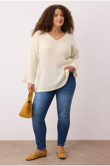 Beige V-Neck Ribbed Knitwear Sweater