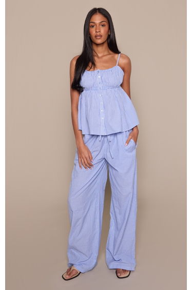 Tall Blue Pinstripe Cotton Elasticated Trousers