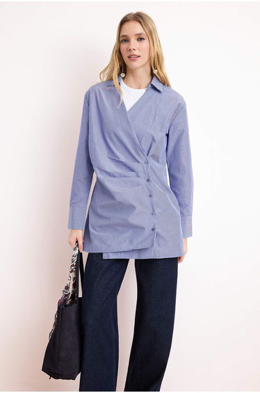 Blue Regular Terrycotton Striped Woven Side Buttoned Hijab Shirt