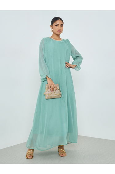 Green Plisse Lace Detail Jalabiya