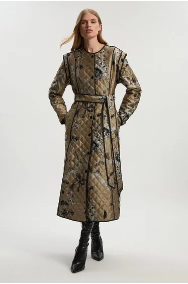 Printed Jacquard Padded Collarless Full Midi Coat