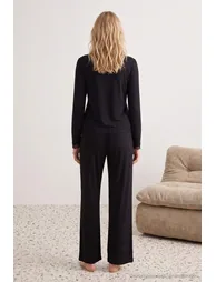 Black Lace Detailed Double Breasted Viscose Knitted Pajama Set - 1