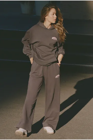 Mid-Rise Wide-Leg Joggers in Charcoal Grey