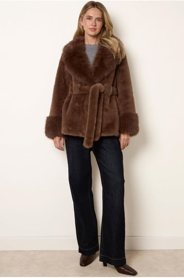 Plush Faux Fur Belted Coat