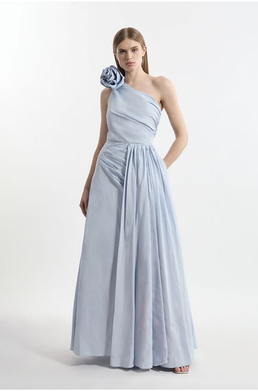 Petite Taffeta Rosette Neck Tailored Pleat Gathered Maxi Dress
