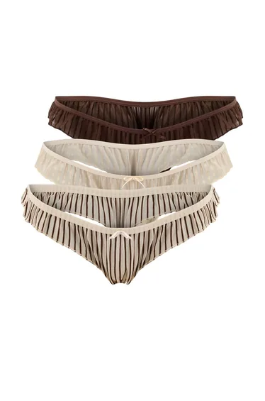 Brown-Multicolor 3-Pack Tulle Striped Thong Panties