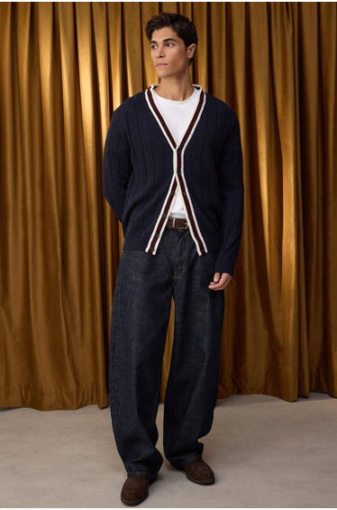 Special Collection Navy Blue Regular V-Neck Color Block Cardigan