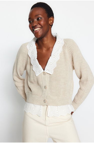 Stone Crop Woven Garni Detailed Knitwear Cardigan