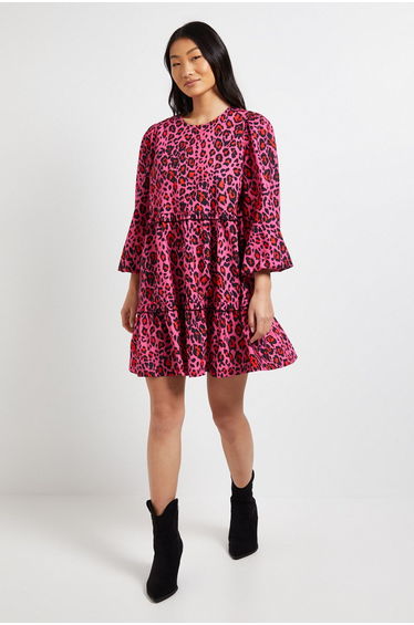 Petite Animal Frill Tiered Printed Poplin Mini Smock Dress
