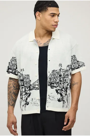 قميص محبوك بقصة عريضة - بيج