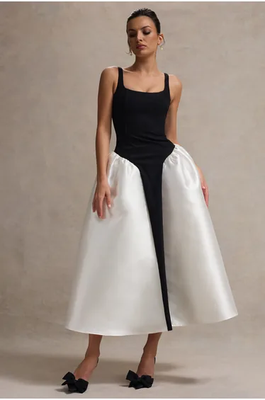 Christie | Black and Cream Scoop-Neck Midaxi Dress With Volume Skirt