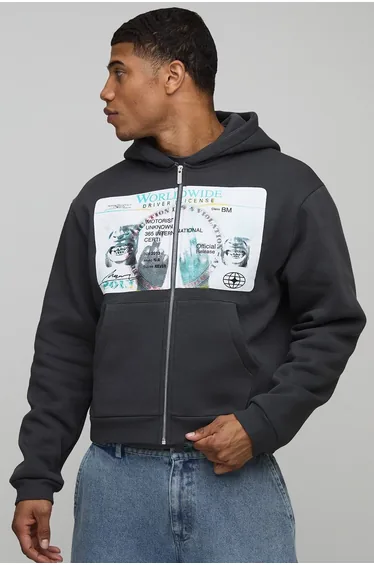 Shrunken Fit Washed Licence Graphic Zip Through Hoodie - charcoal
