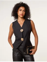 Tailored Flower Button Front Sleeveless Vest - 1
