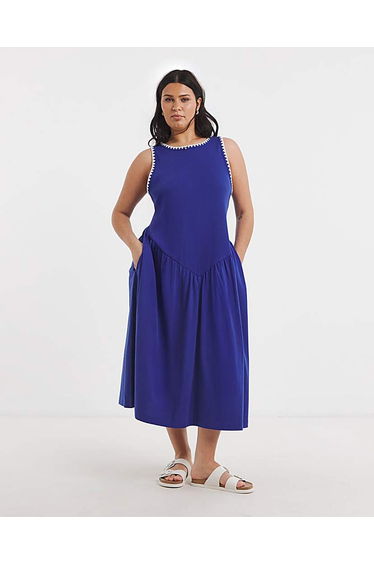 Jersey Mix Midi Dress With Whipstitch