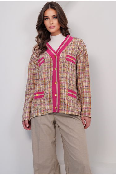 Women's Fuchsia Pocket Detailed Tweed Ribbed Unlined Jacket