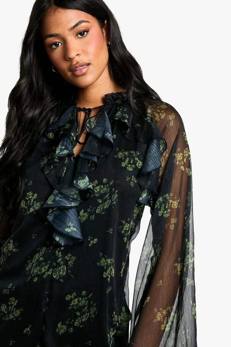 Tall Dark Flotal Ruffle Flare Sleeve Shift Dress - black - 3