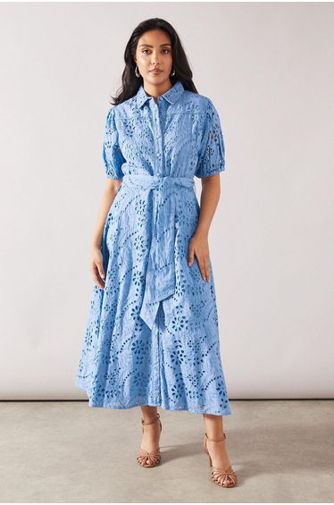 Petite Broderie Tie Waist Shirt Dress