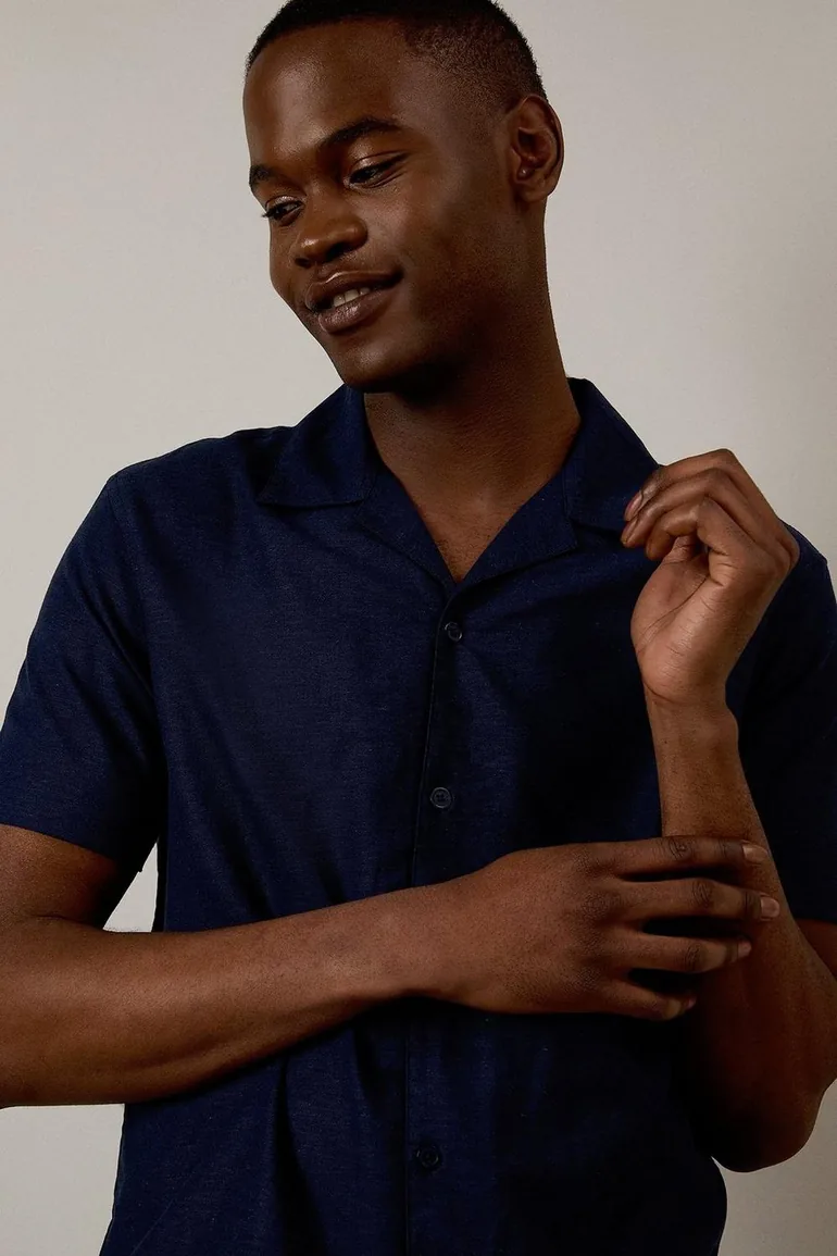 Navy Linen Blend Short Sleeve Resort Shirt - 2