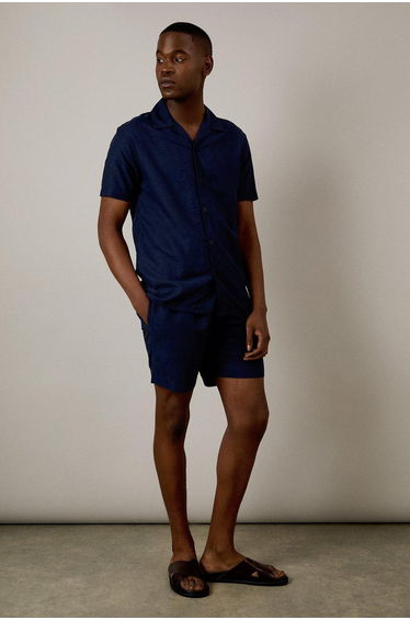 Navy Linen Blend Short Sleeve Resort Shirt