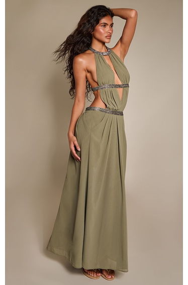 Khaki Chiffon Halter Neck Embellished Cut Out Maxi Dress