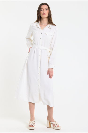Cream Belted Midi Shirt Dress